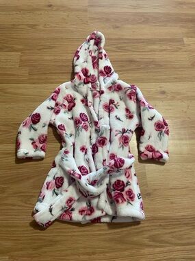 Girls' Hooded Plush Floral Robe - White with Pink Roses
